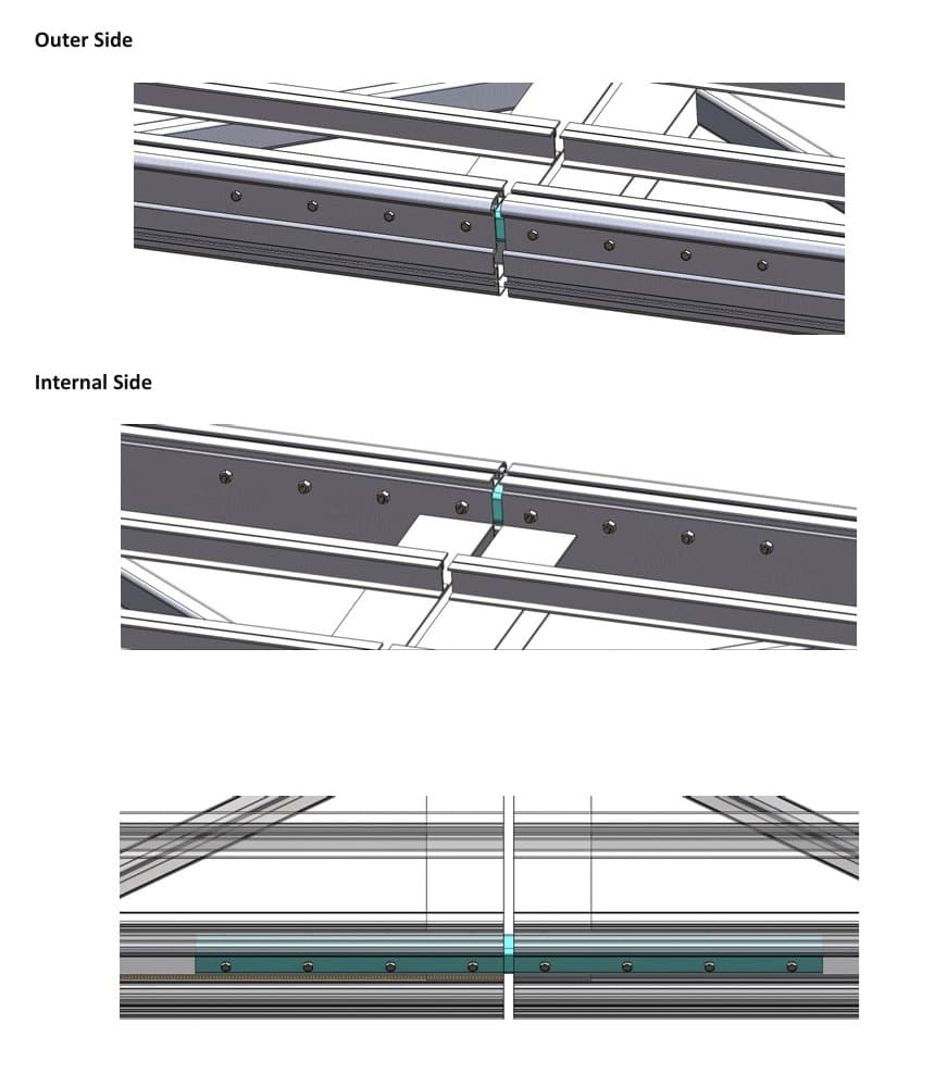 Close-up of aluminum dock joining connection with bolts