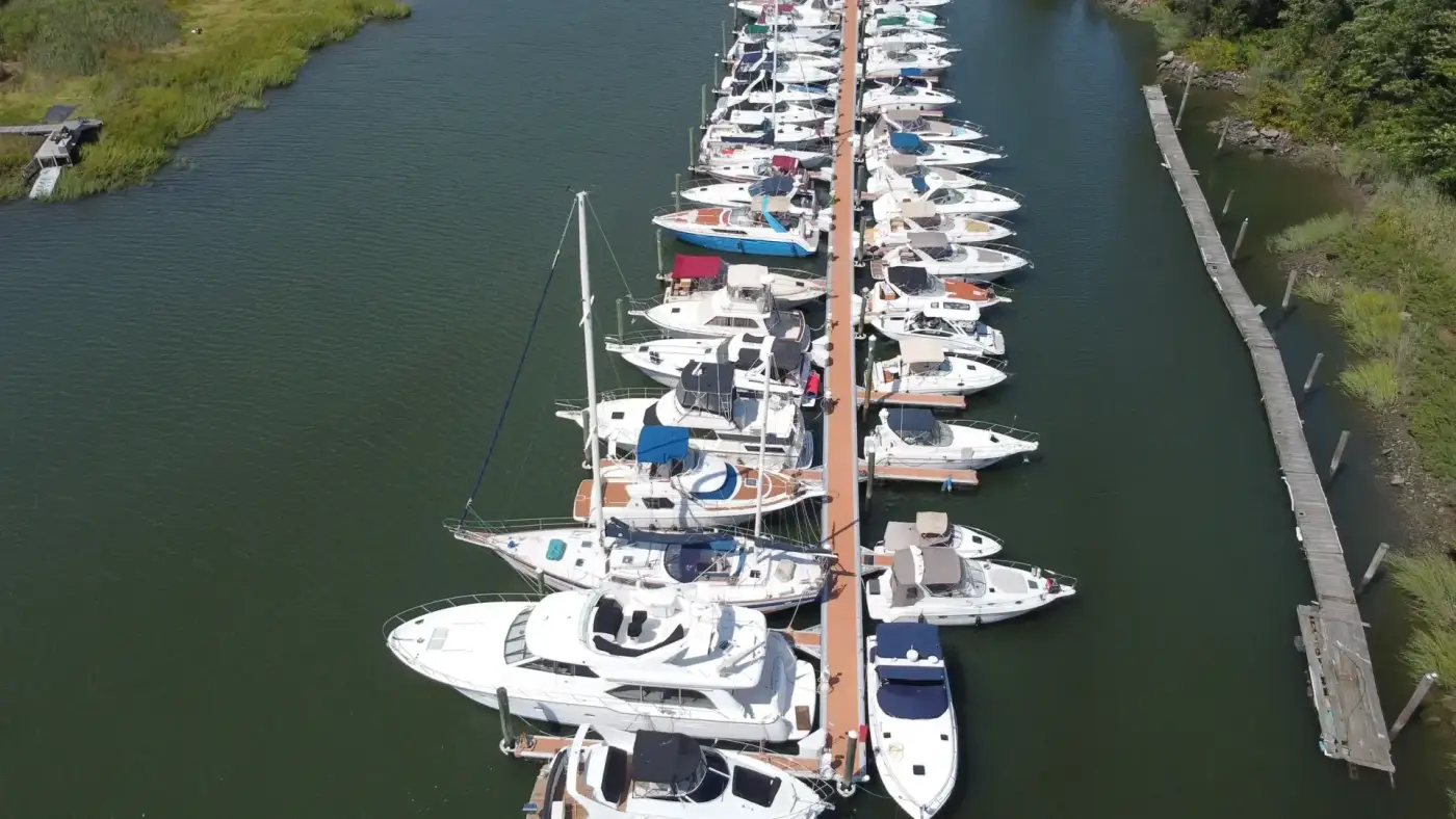 Aerial view of marina dock installation