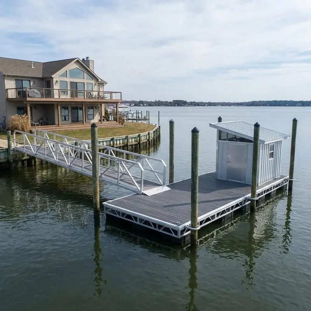 Finished dock house with boat lift