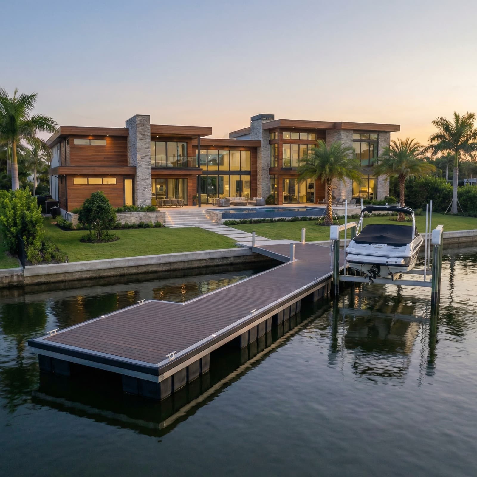 Double truss heavy duty aluminum floating dock at luxury waterfront home
