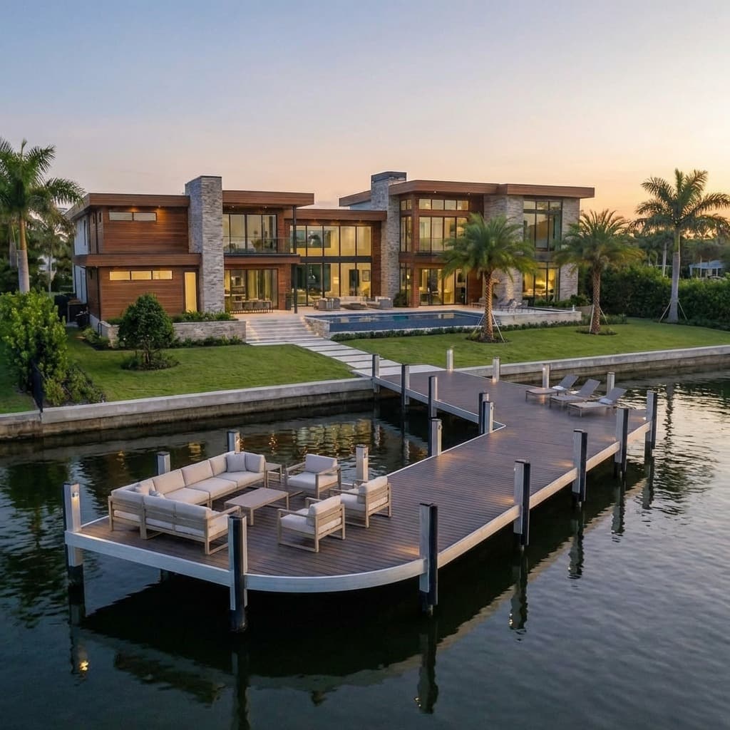 Fixed aluminum dock at luxury waterfront home