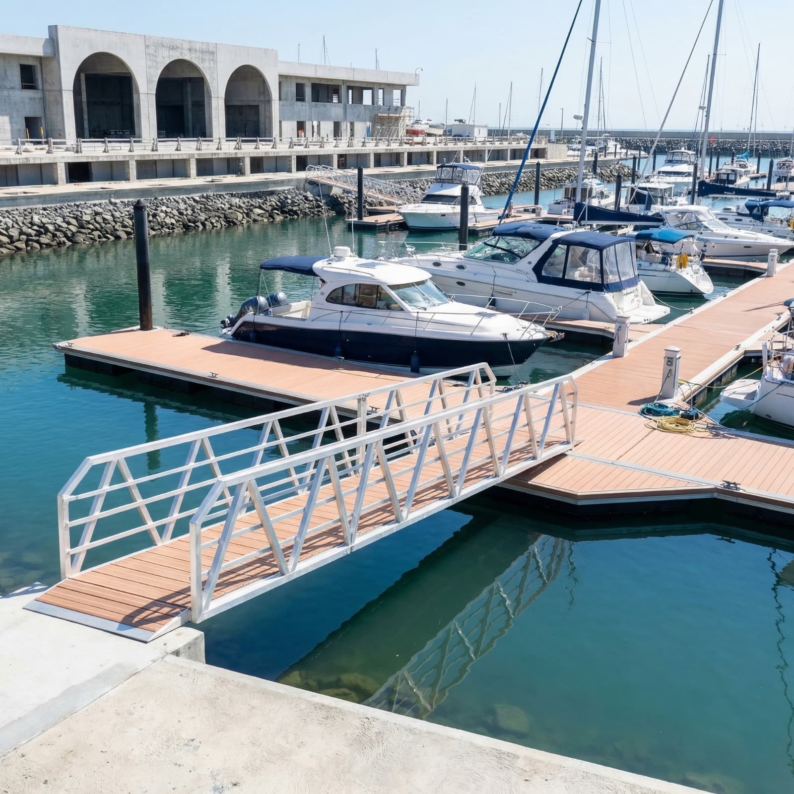 Aluminum gangway with X-brace railings installed at marina