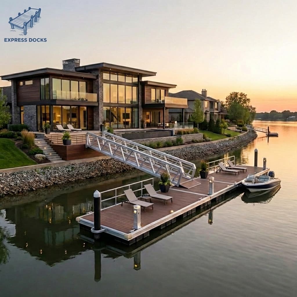 Large floating dock with custom gangway