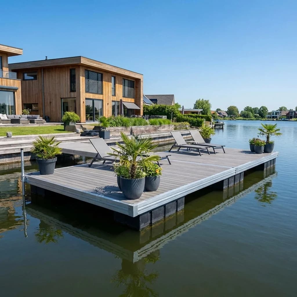 Luxury aluminum floating dock with composite decking on a private waterfront